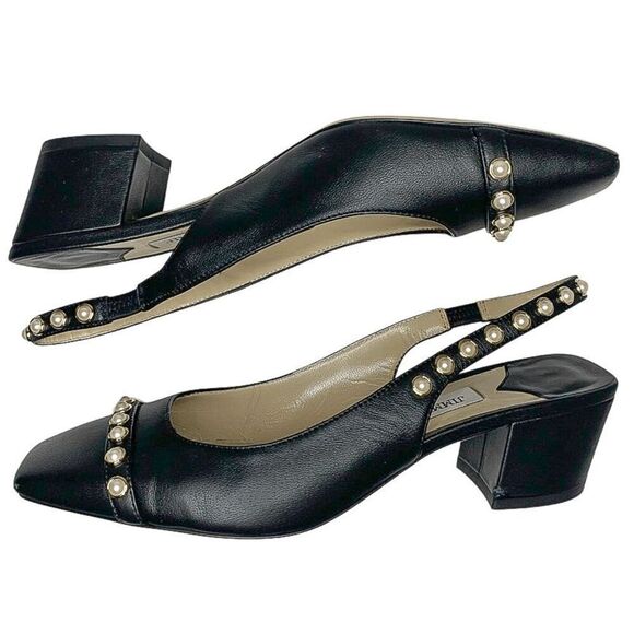 Jimmy Choo Hya 45 Pearl Stud Slingback Pump Black Leather Block Heel Size 37 - Picture 6 of 11